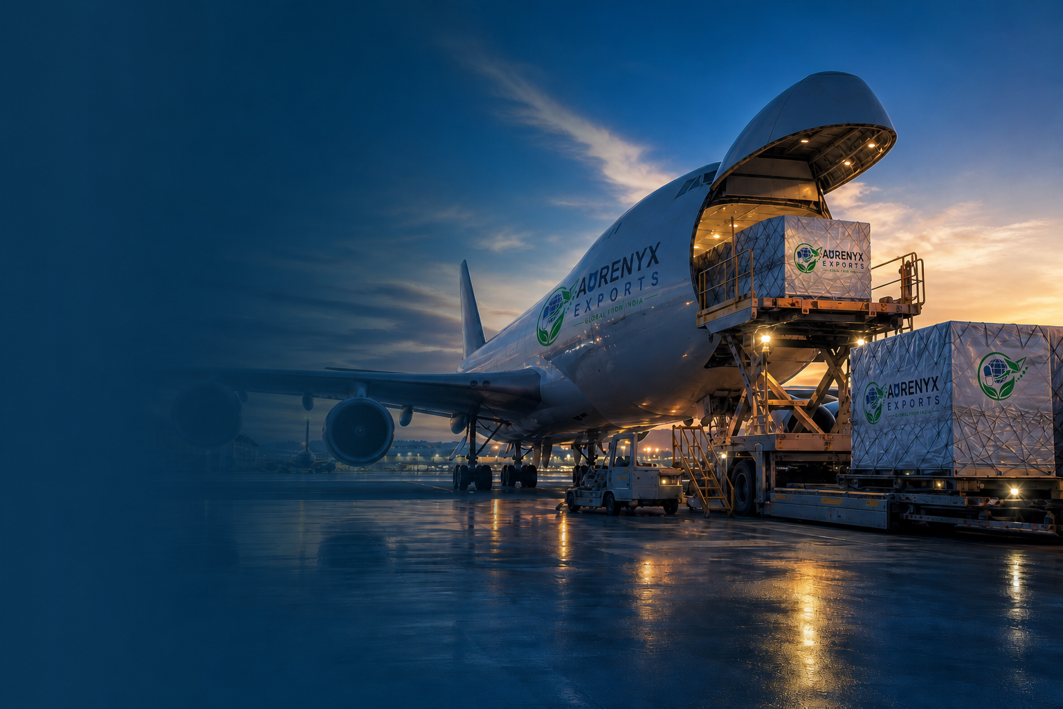 Air freight plane and Aurenyx Exports branded air cargo containers